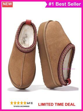 Genuine Leather Shearling Lined Platform Slippers Memory Foam Slip On